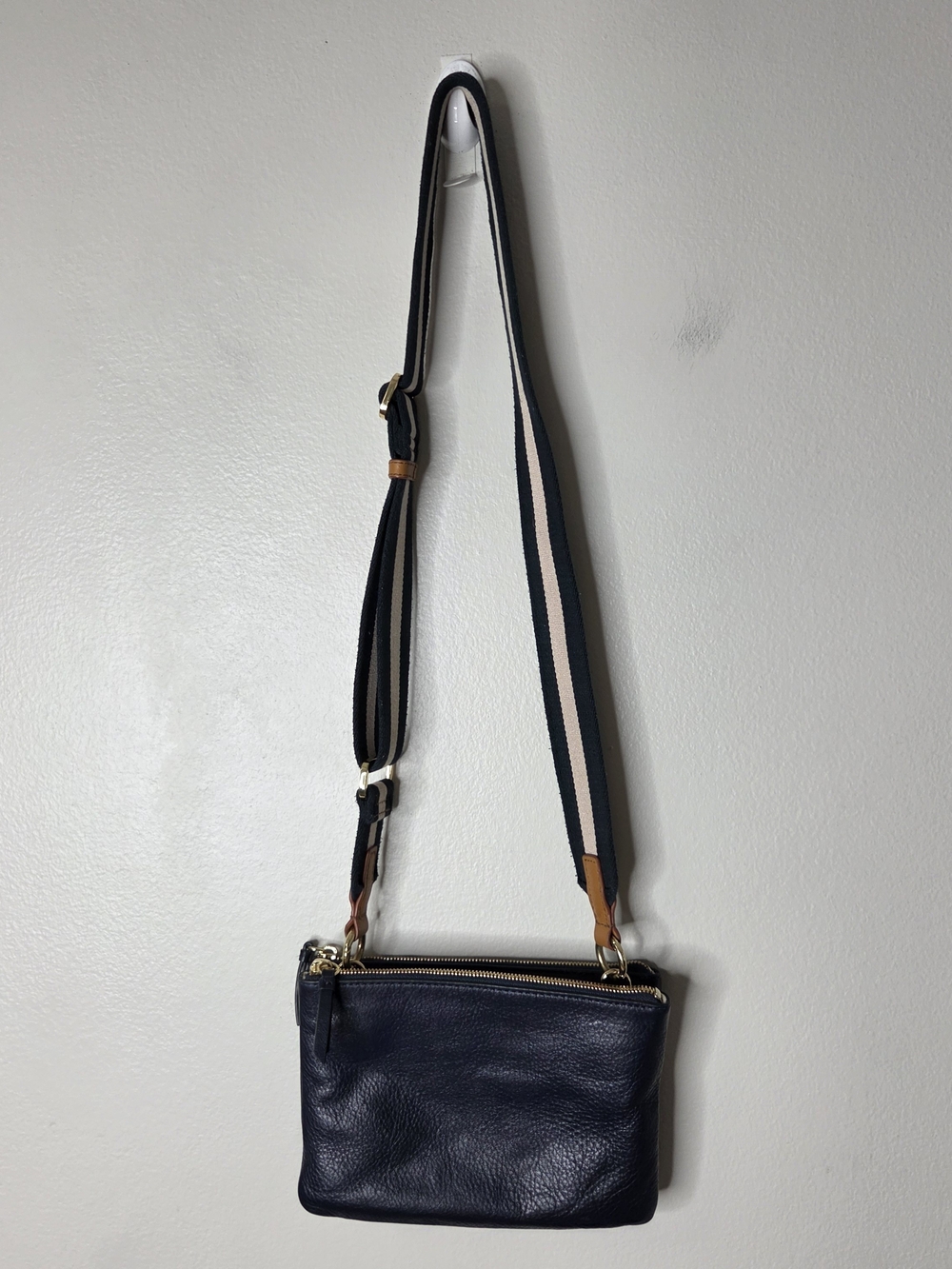 Mark & Graham Navy Leather Double Zip Crossbody Strap Bag 9x6"